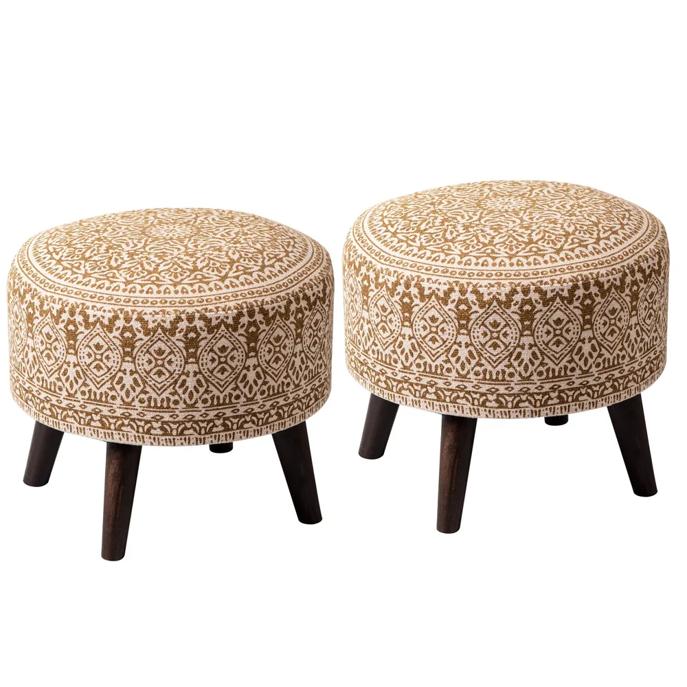 Light Brown Ethnic Print Round Upholstered Wood Stool Set Of 2