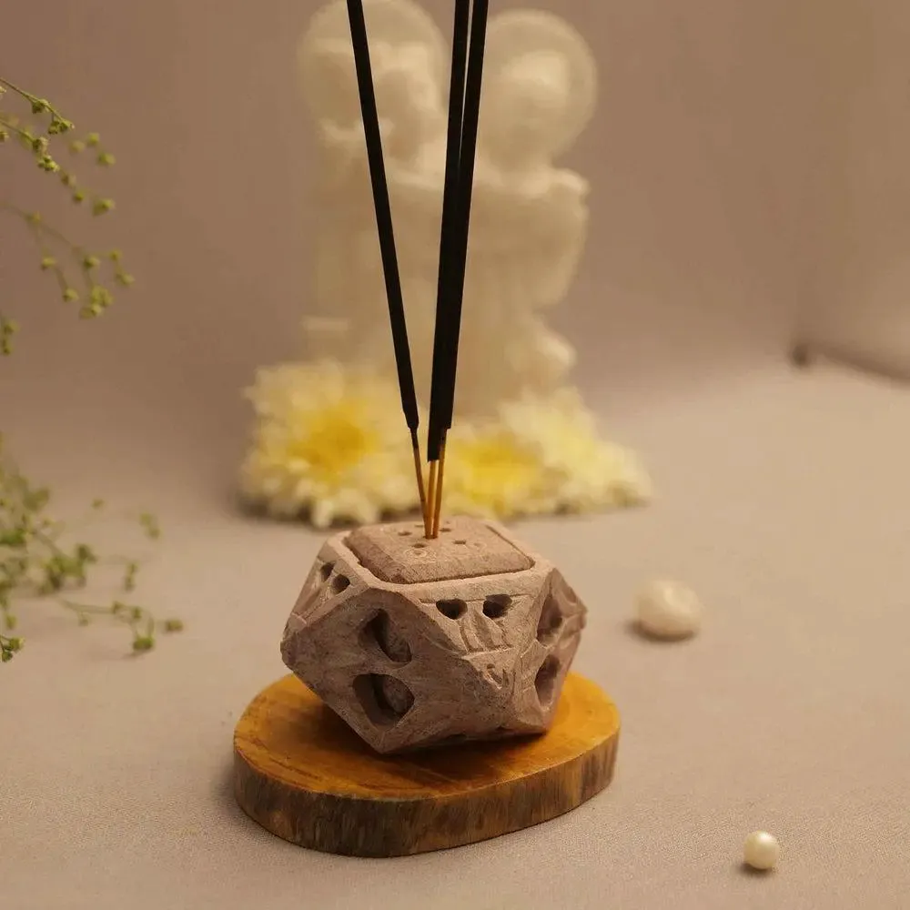 Light Brown Intricately-Designed Marble Soapstone Incense Stick Holder