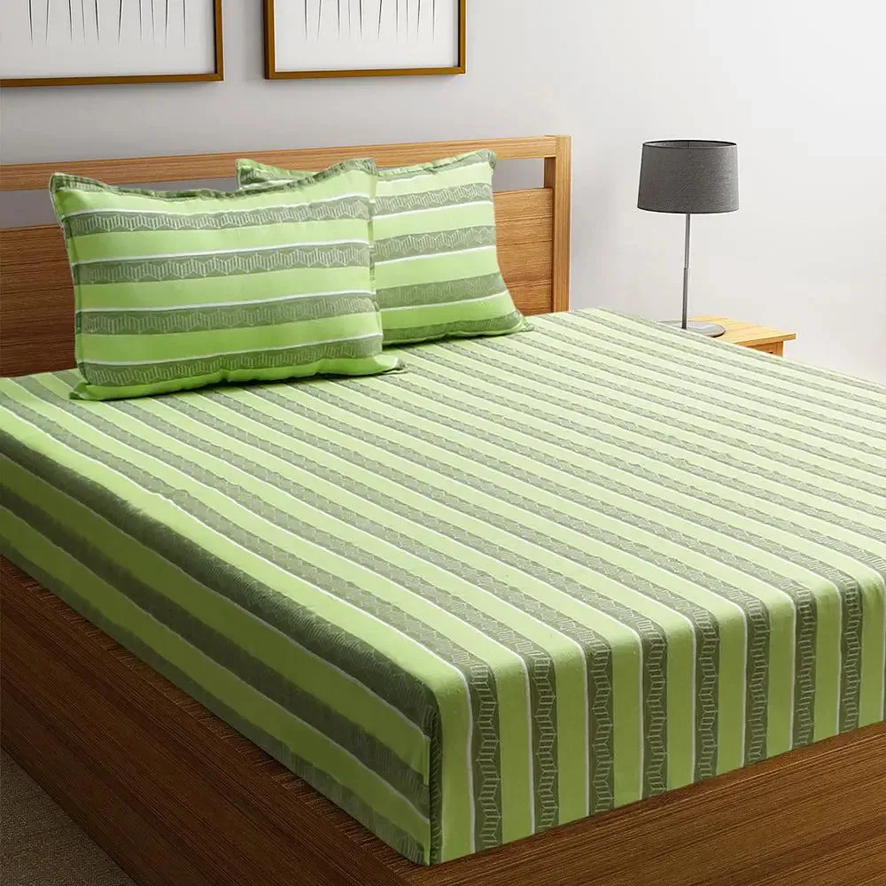 Light Green Traditional Printed Striped Jacqard Queen Size Bedsheet With 2 Pillows Covers