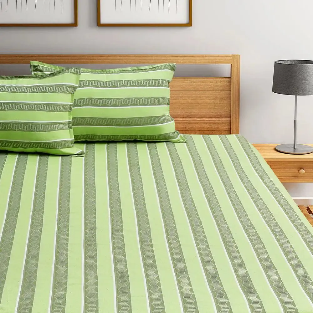 Light Green Traditional Printed Striped Jacqard Queen Size Bedsheet With 2 Pillows Covers