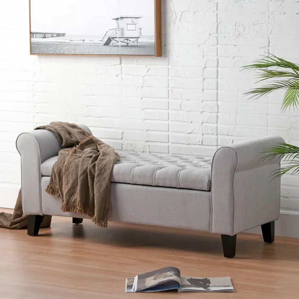 Light Grey Resilient & Super Soft Luxurious Tufted Velvet Flip Top Storage Bench With Rolled Arms