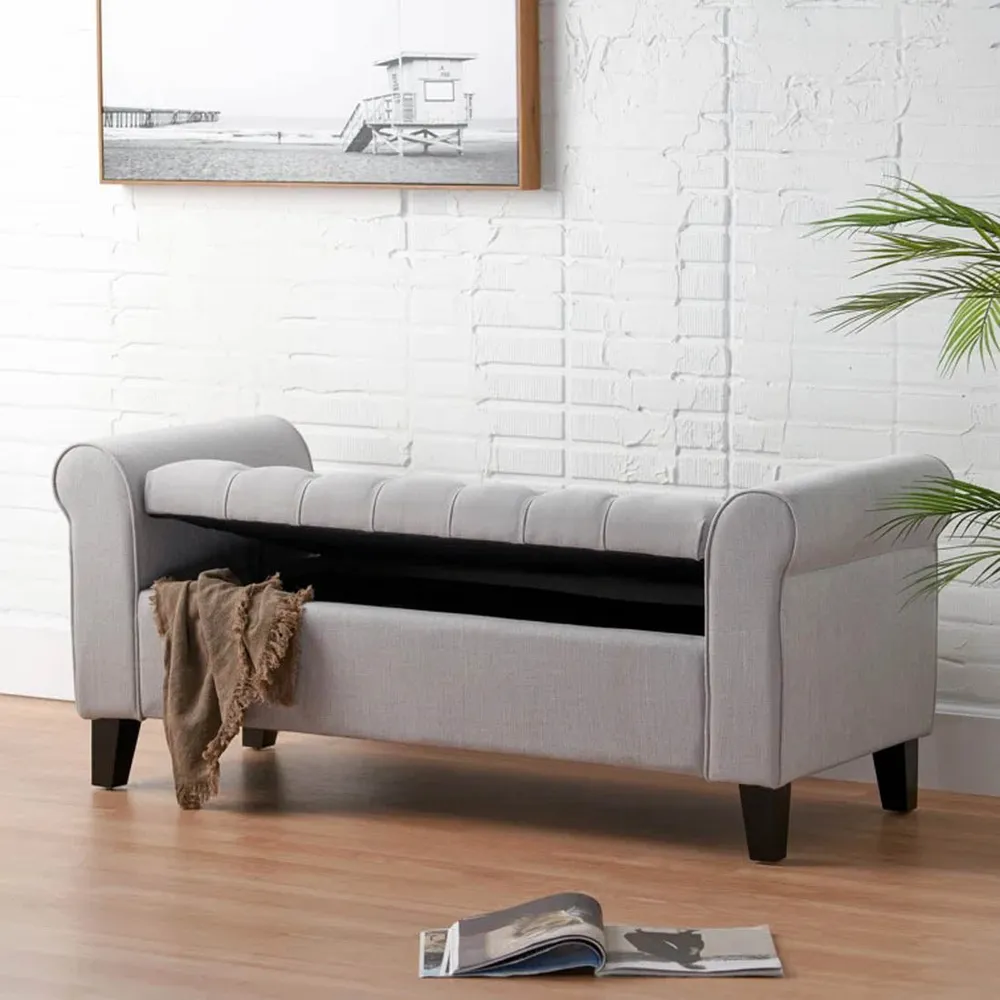 Light Grey Resilient & Super Soft Luxurious Tufted Velvet Flip Top Storage Bench With Rolled Arms