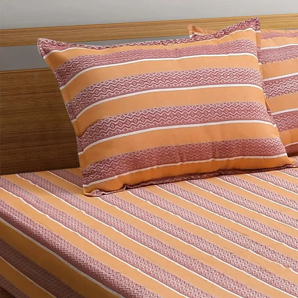 Light Orange Traditional Printed Striped Jacqard Queen Size Bedsheet With 2 Pillows Covers
