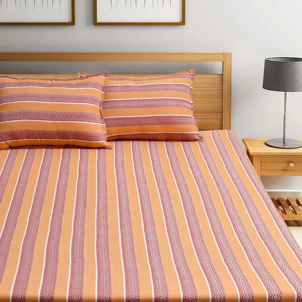Light Orange Traditional Printed Striped Jacqard Queen Size Bedsheet With 2 Pillows Covers