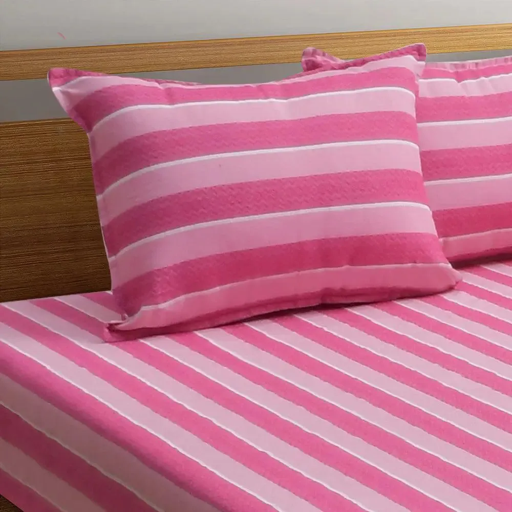 Light Pink Traditional Printed Striped Jacqard Queen Size Bedsheet With 2 Pillows Covers