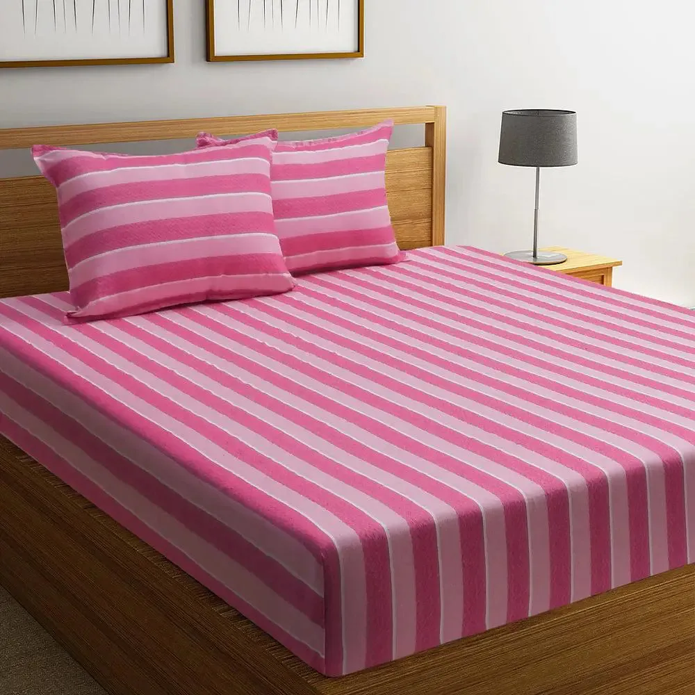 Light Pink Traditional Printed Striped Jacqard Queen Size Bedsheet With 2 Pillows Covers