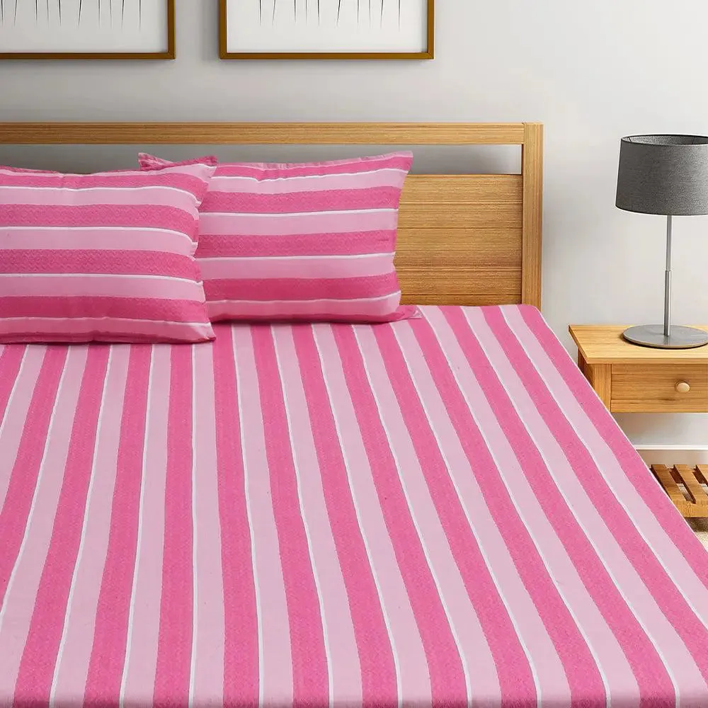 Light Pink Traditional Printed Striped Jacqard Queen Size Bedsheet With 2 Pillows Covers