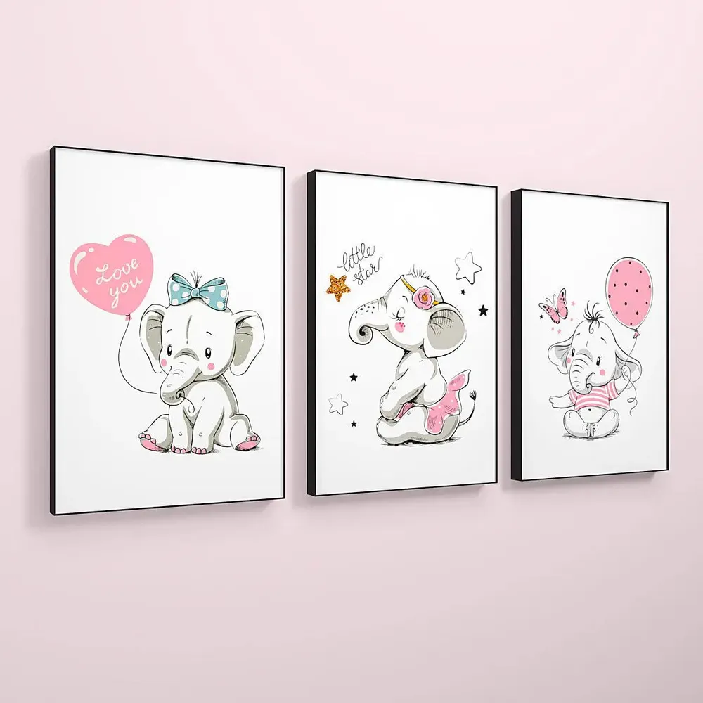 Little Princess Elephant Kids Room Wall Frame Set of 3