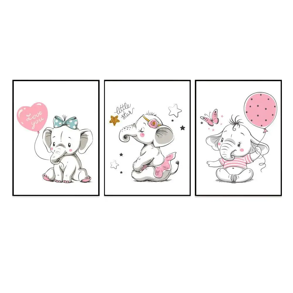 Little Princess Elephant Kids Room Wall Frame Set of 3