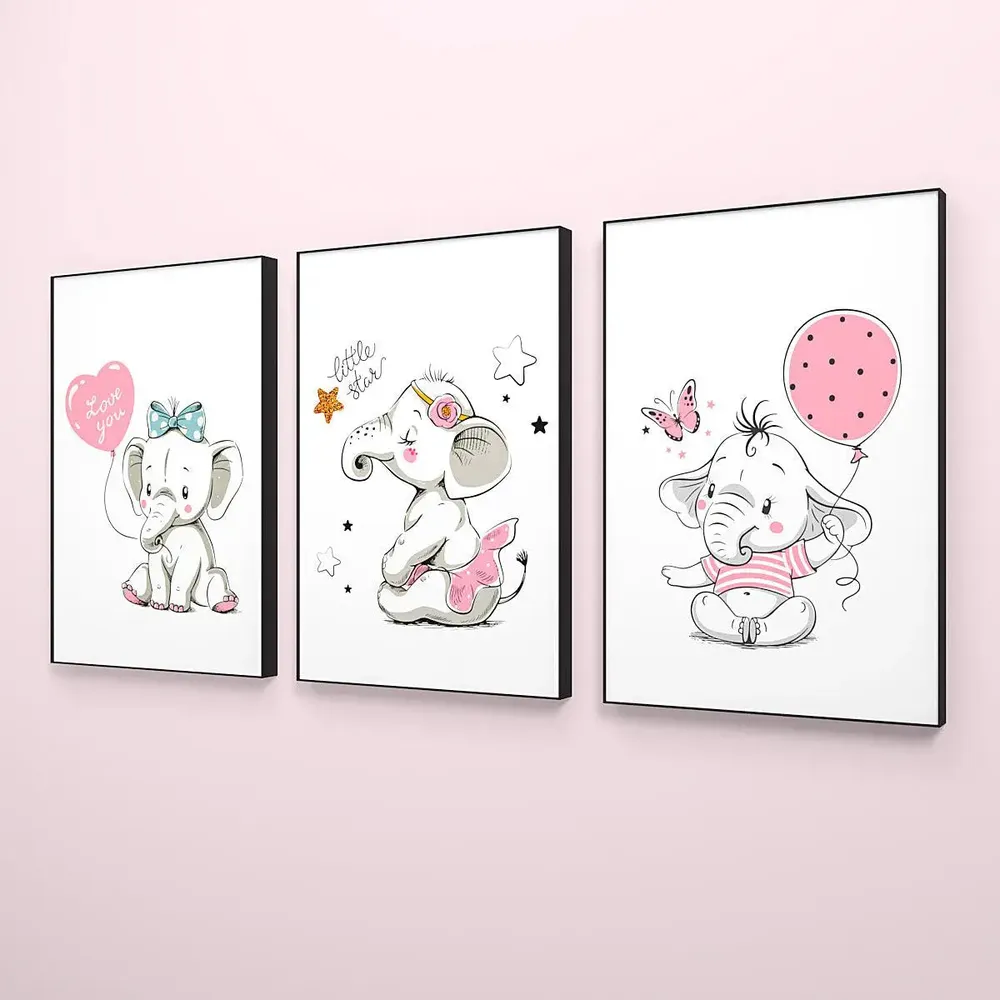 Little Princess Elephant Kids Room Wall Frame Set of 3