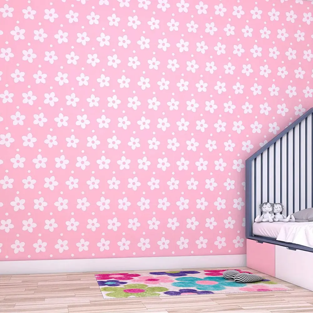 Little White & Pink Bloom Kids Self Adhesive Wallpaper