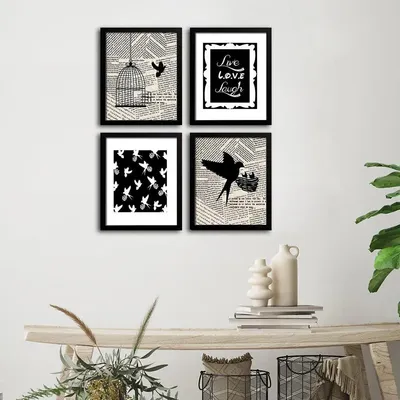 Live Love Laugh Quote with Bird with cage Wall Painting, in Black Frame, Set of 4