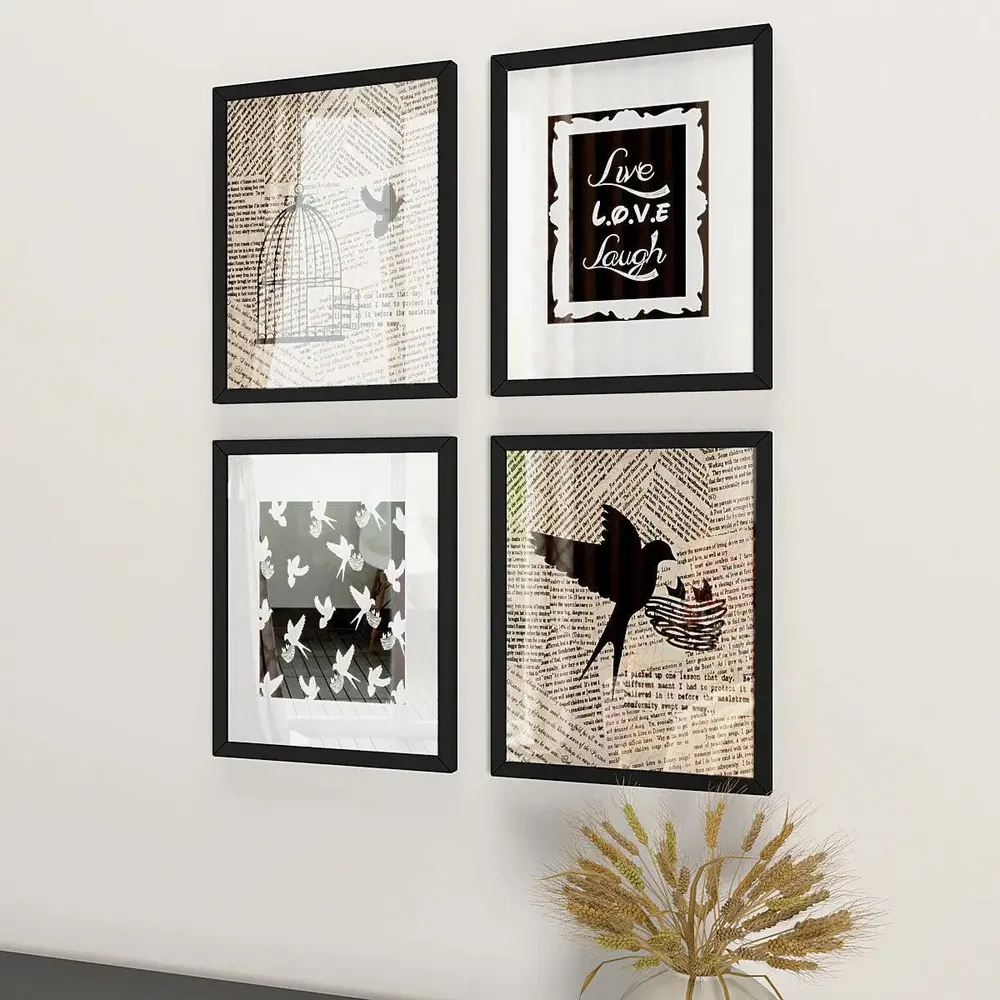 Live Love Laugh Quote with Bird with cage Wall Painting, in Black Frame, Set of 4