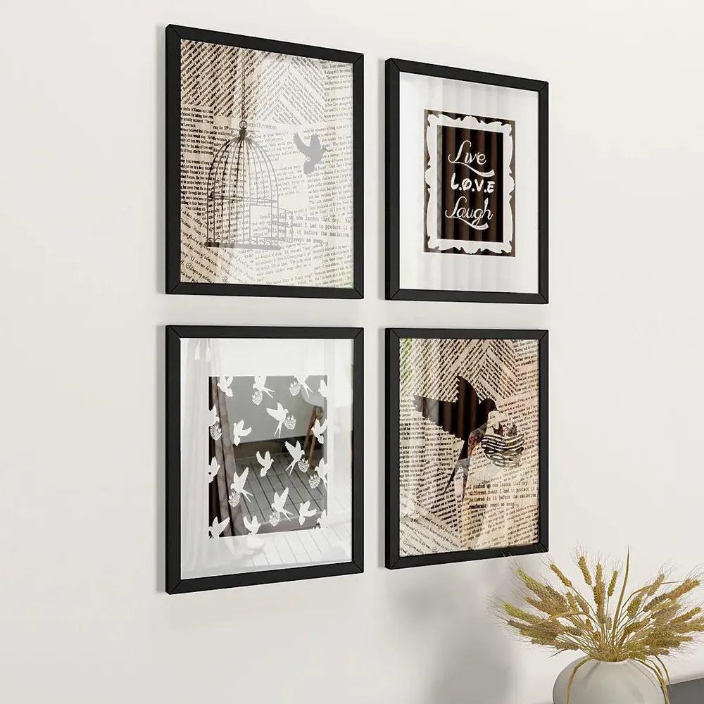 Live Love Laugh Quote with Bird with cage Wall Painting, in Black Frame, Set of 4