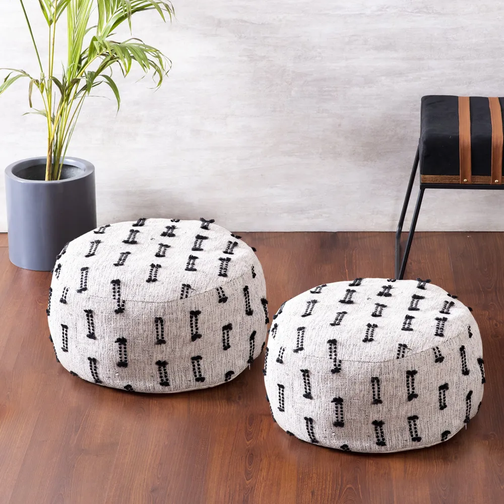 Living Room Corner Black and White Cotton Poufee Stool Set Of 2 With Filler
