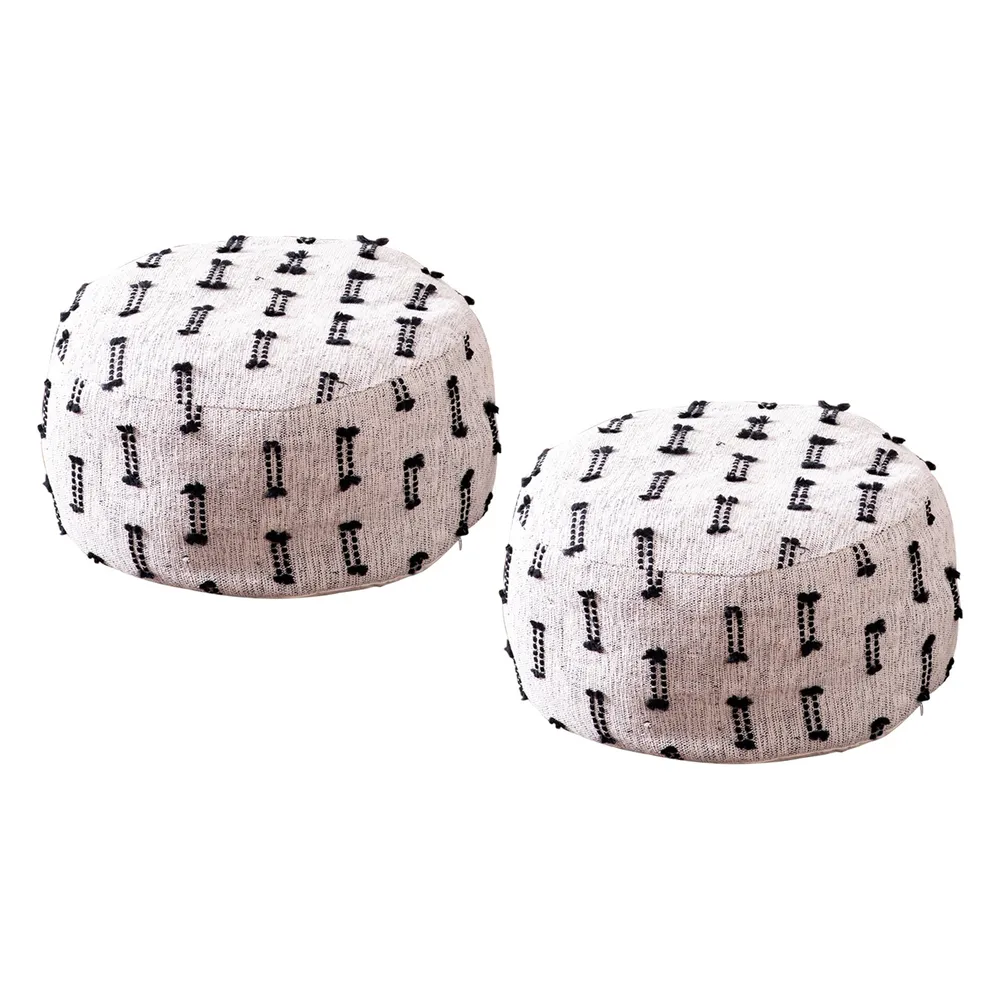Living Room Corner Black and White Cotton Poufee Stool Set Of 2 With Filler