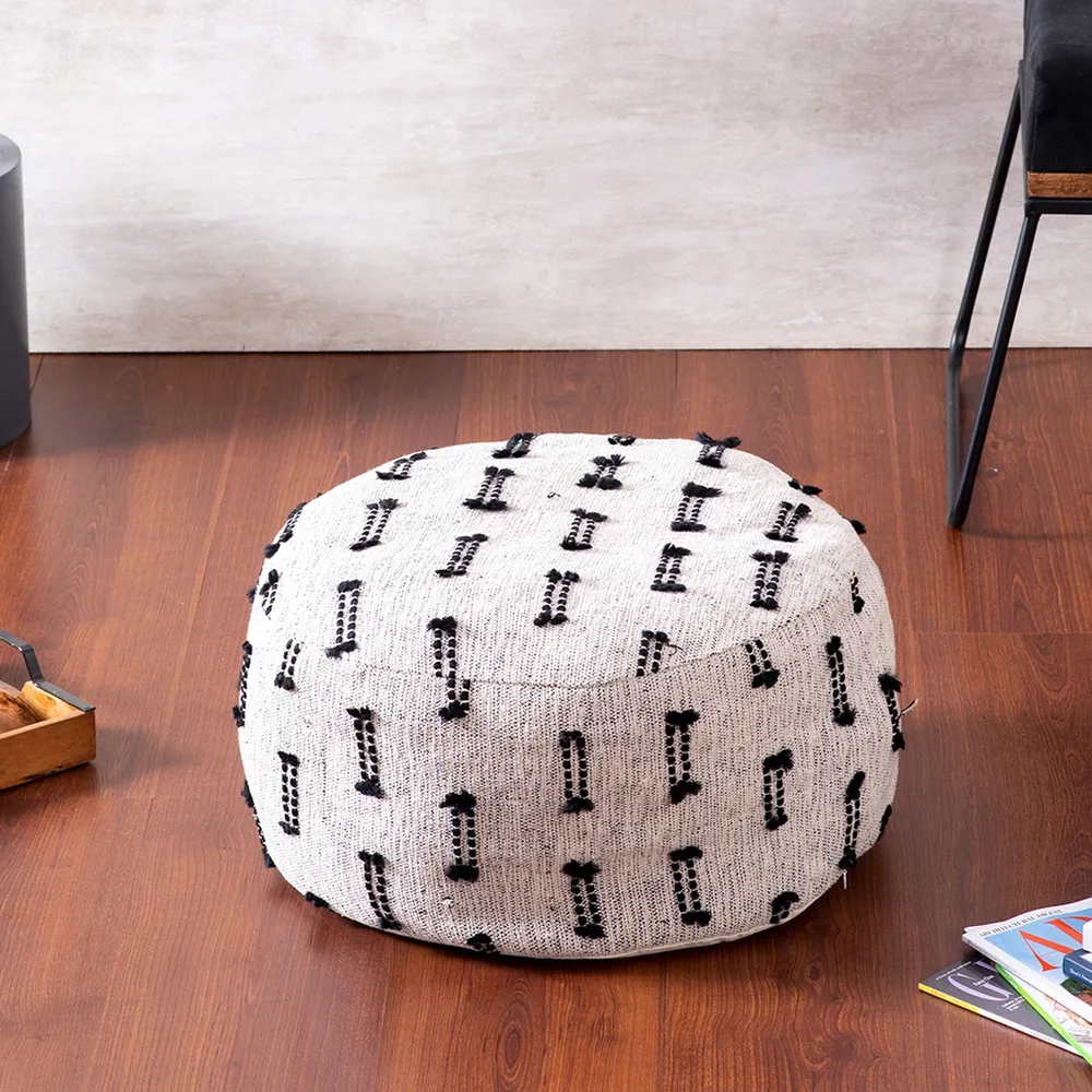 Living Room Corner Black and White Cotton Poufee Stool Set Of 2 With Filler