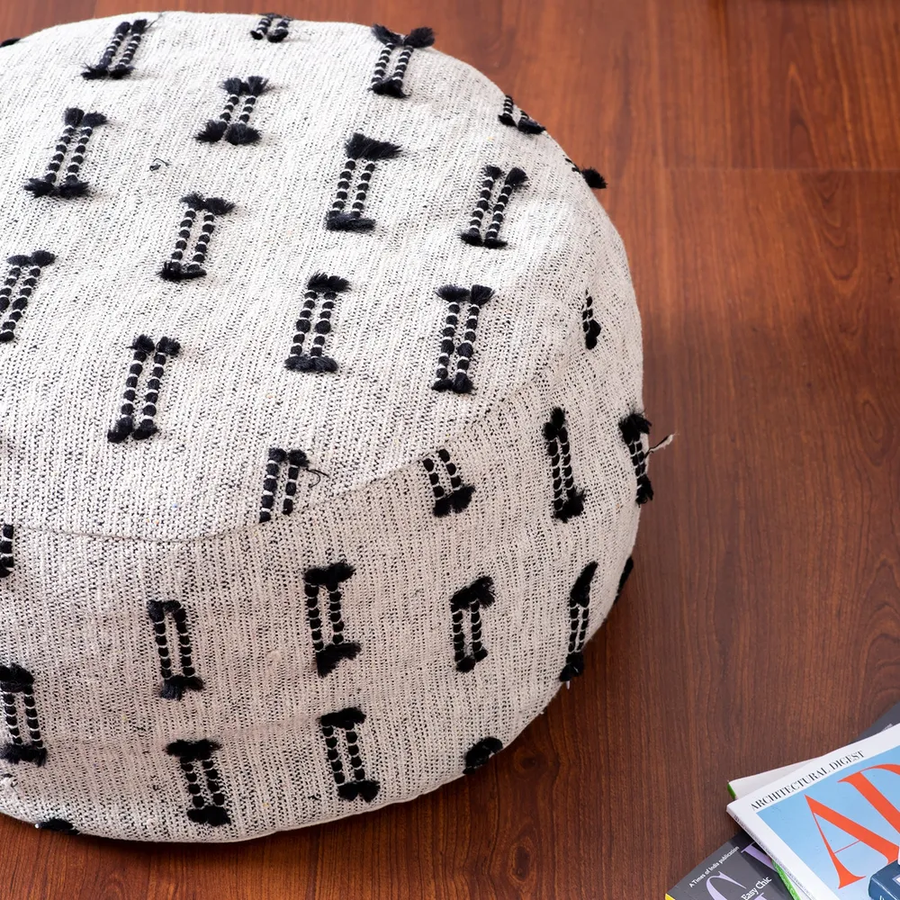 Living Room Corner Black and White Cotton Poufee Stool With Filler
