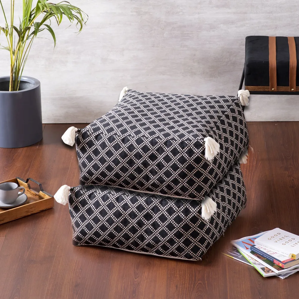 Living Room Corner Lattice Patterned Cotton Tasseled Pouffe Stool Set Of 2 Without Filler