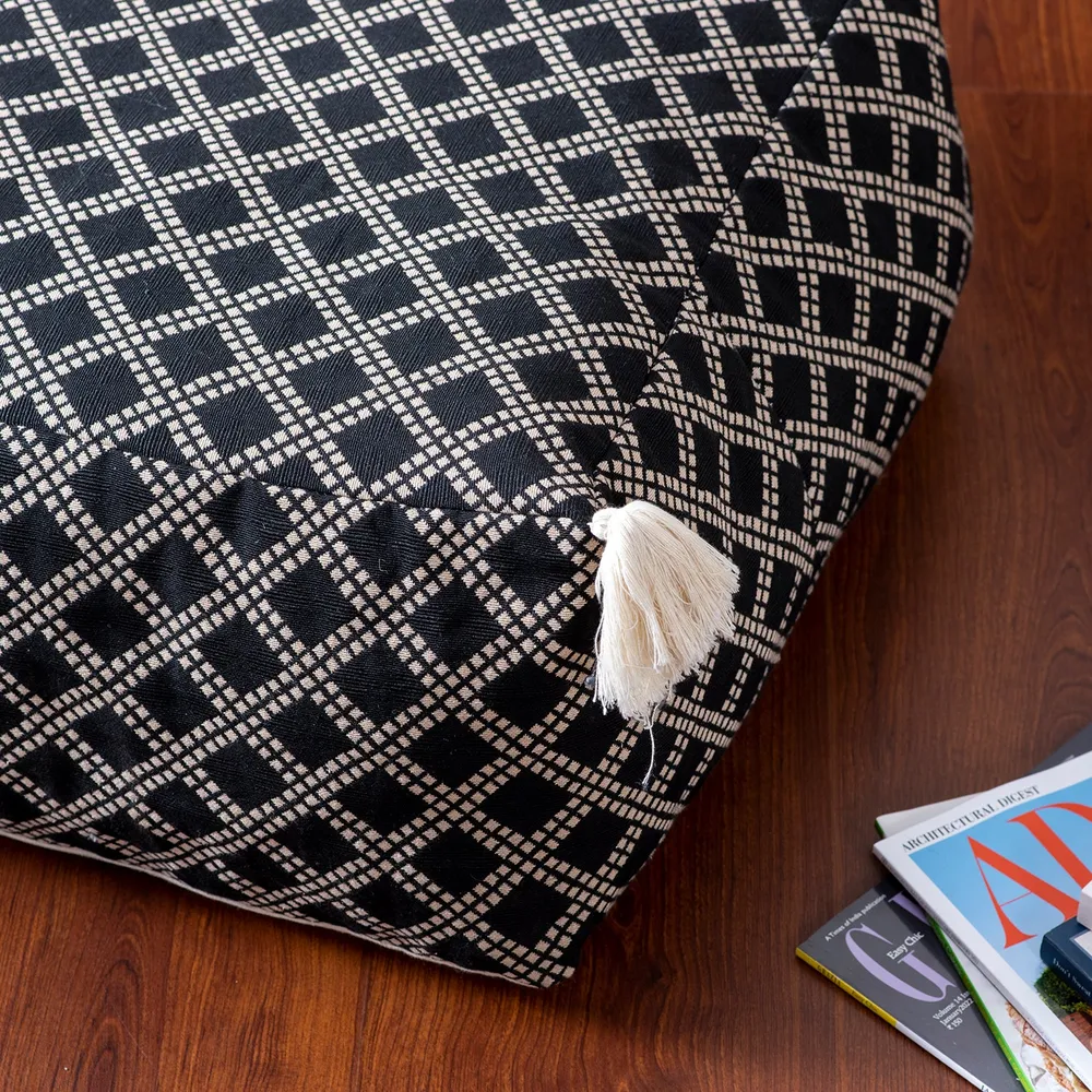 Living Room Corner Lattice Patterned Cotton Tasseled Pouffe Stool With Filler