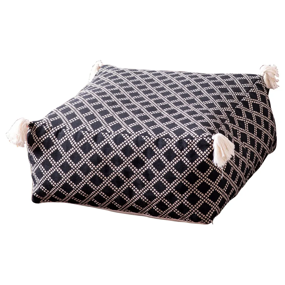 Living Room Corner Lattice Patterned Cotton Tasseled Pouffe Stool With Filler