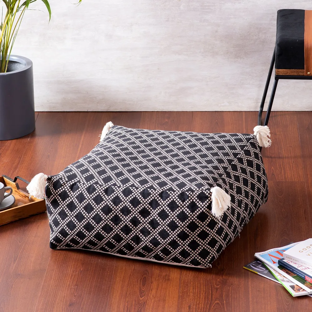 Living Room Corner Lattice Patterned Cotton Tasseled Pouffe Stool With Filler