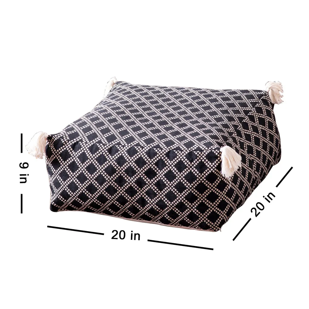 Living Room Corner Lattice Patterned Cotton Tasseled Pouffe Stool With Filler