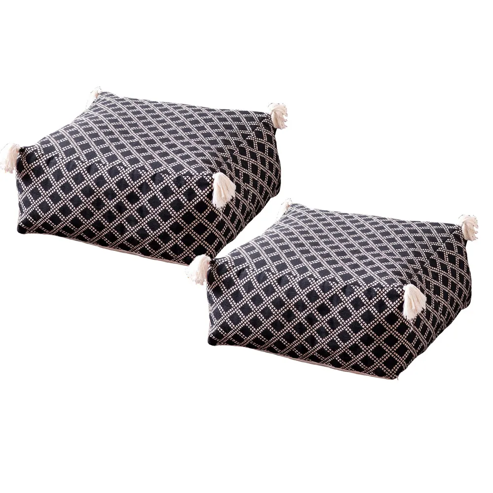 Living Room Corner Lattice Patterned Cotton Tasseled Pouffe Stool With Filler