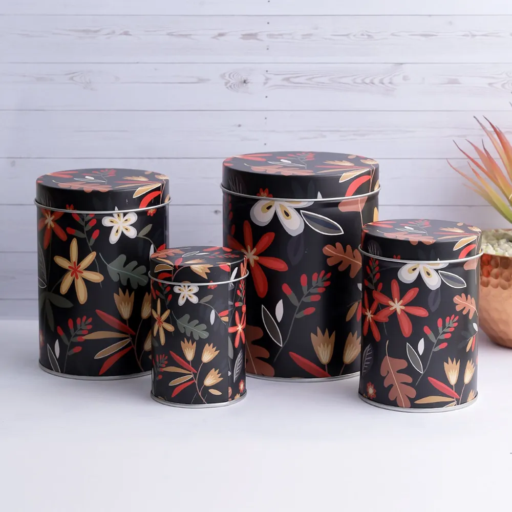 Long Black Floral Storage Tins Set Of 4