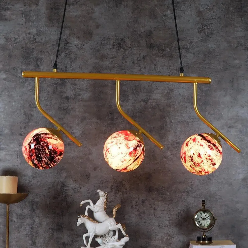Long Golden Red Splashed Hanging Light In Doom Glass