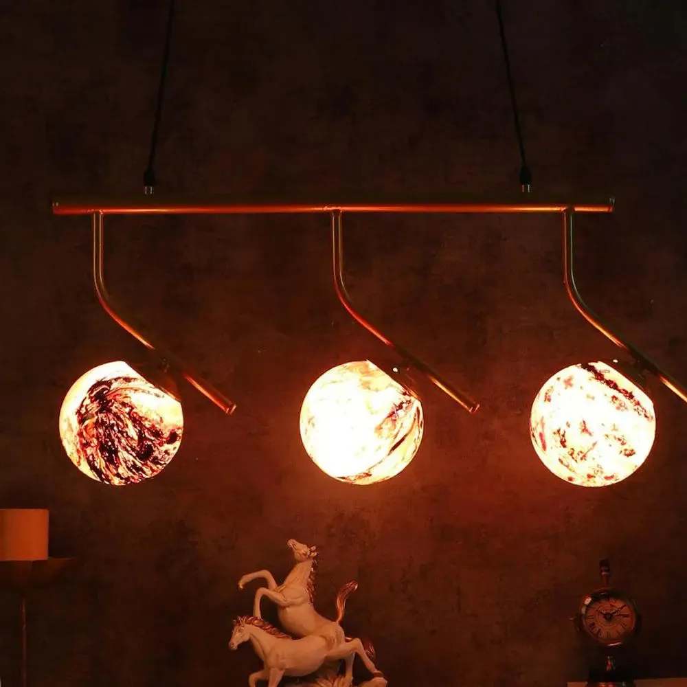 Long Golden Red Splashed Hanging Light In Doom Glass