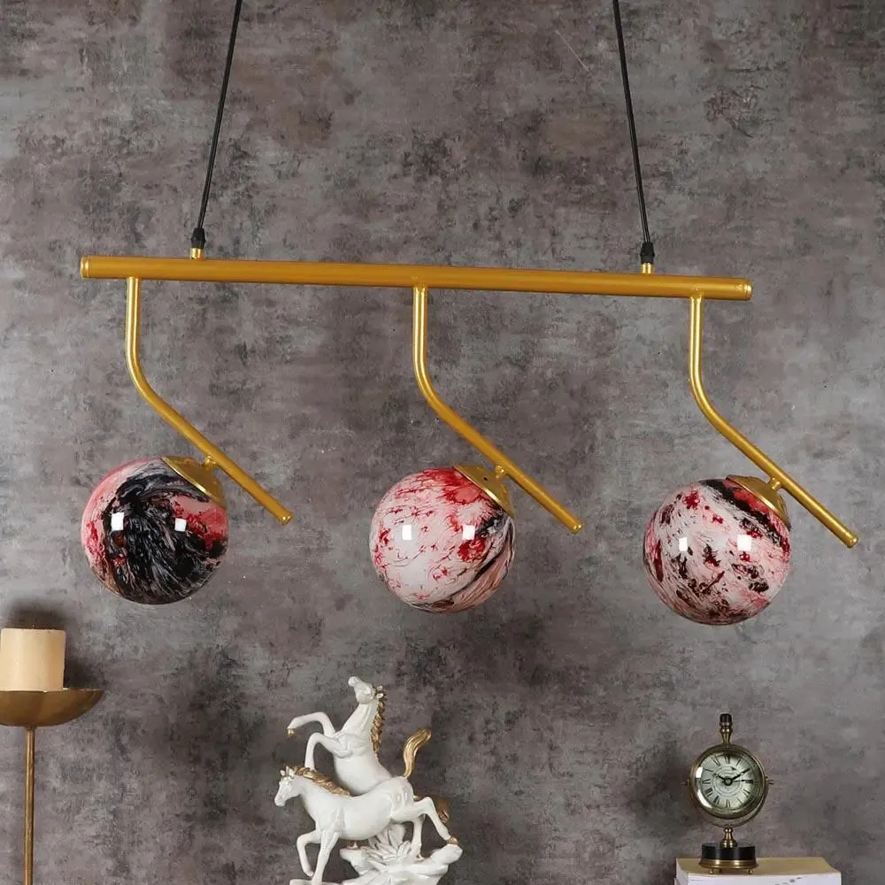 Long Golden Red Splashed Hanging Light In Doom Glass