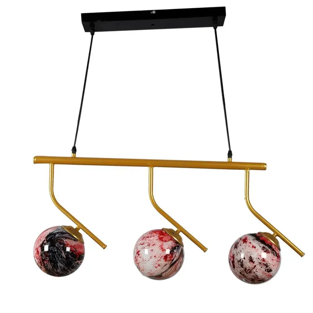 Long Golden Red Splashed Hanging Light In Doom Glass