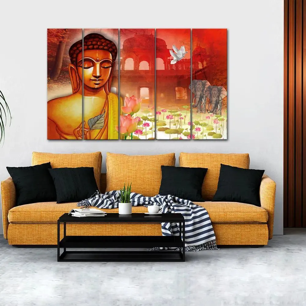 Lord Buddha Meditating with elephant Painting and Framed on Wood Canvas Print Wall Painting