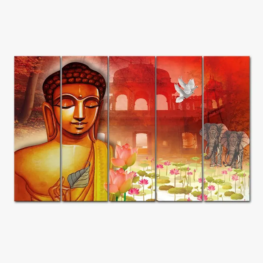 Lord Buddha Meditating with elephant Painting and Framed on Wood Canvas Print Wall Painting