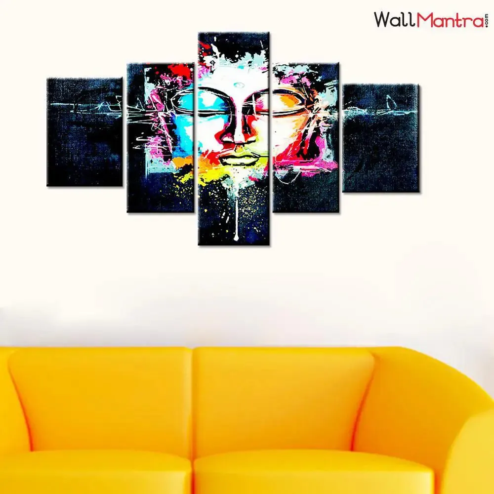 Lord Buddha Wooden Framed 5 Pieces Canvas Wall Painting