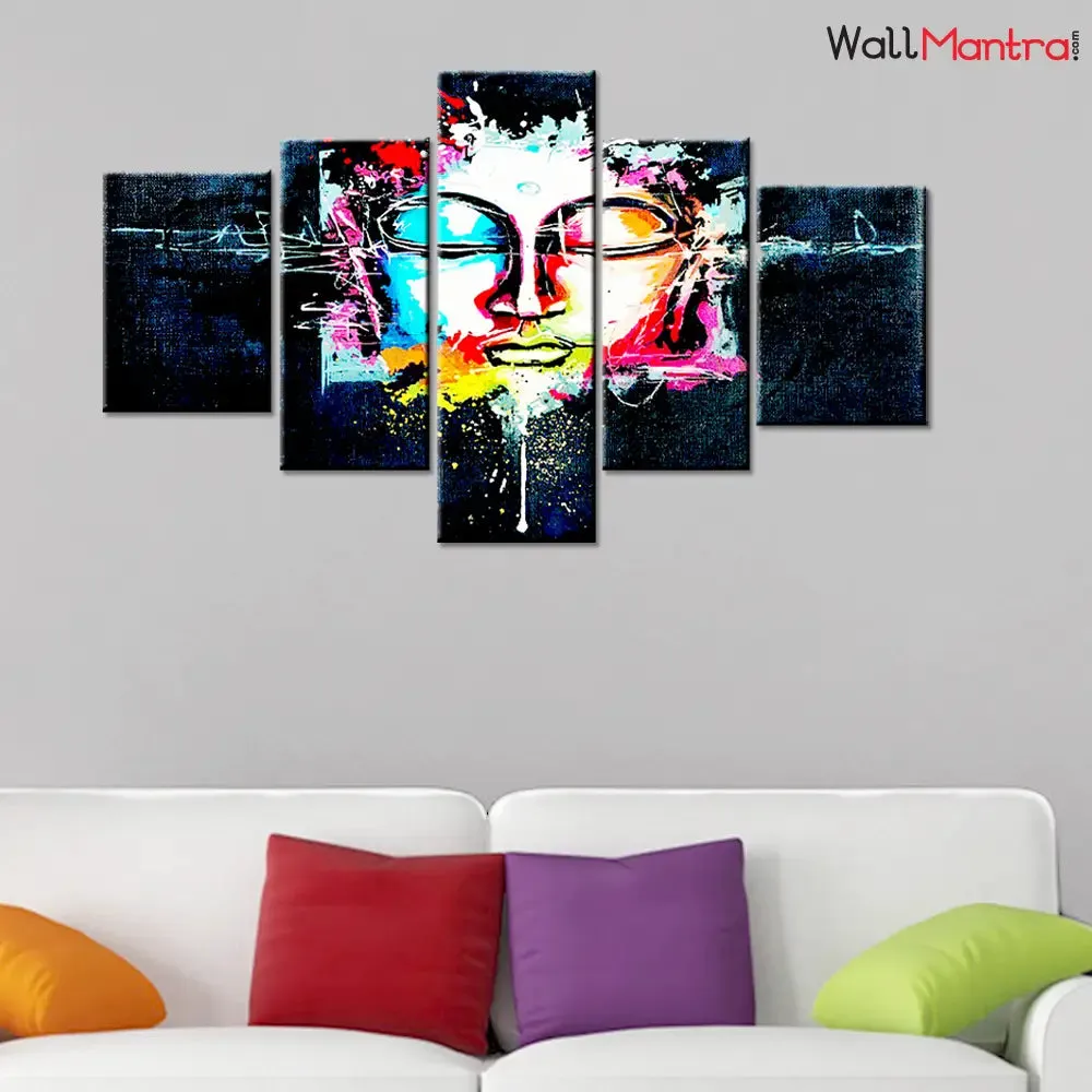 Lord Buddha Wooden Framed 5 Pieces Canvas Wall Painting