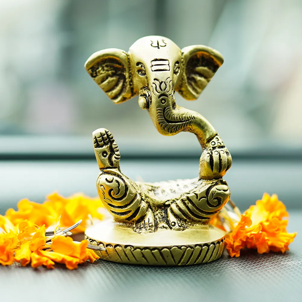Lord Ganesha Brass Finish Handmade Sitting Idol Set Of 1