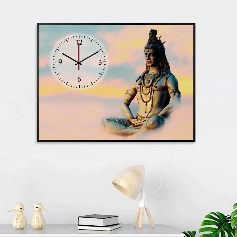 Lord Shiva In Dhyan Mudra Canvas Printed Decorative Wall Clock With Floating Frame