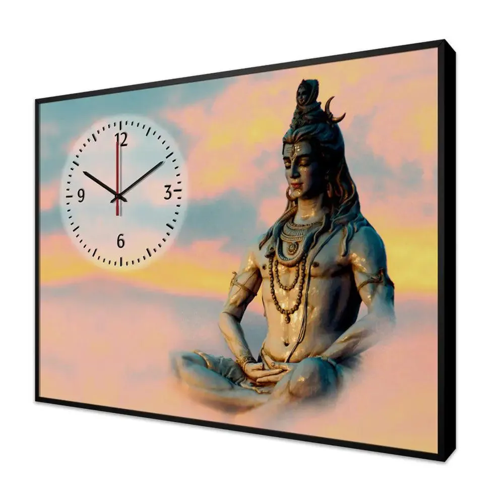 Lord Shiva In Dhyan Mudra Canvas Printed Decorative Wall Clock With Floating Frame
