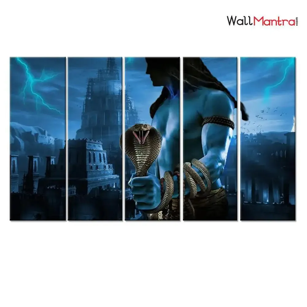 Lord Shiva Spiritual Wooded Frame 5 Pieces Wall Painting