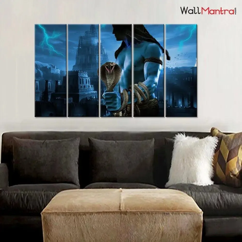Lord Shiva Spiritual Wooded Frame 5 Pieces Wall Painting