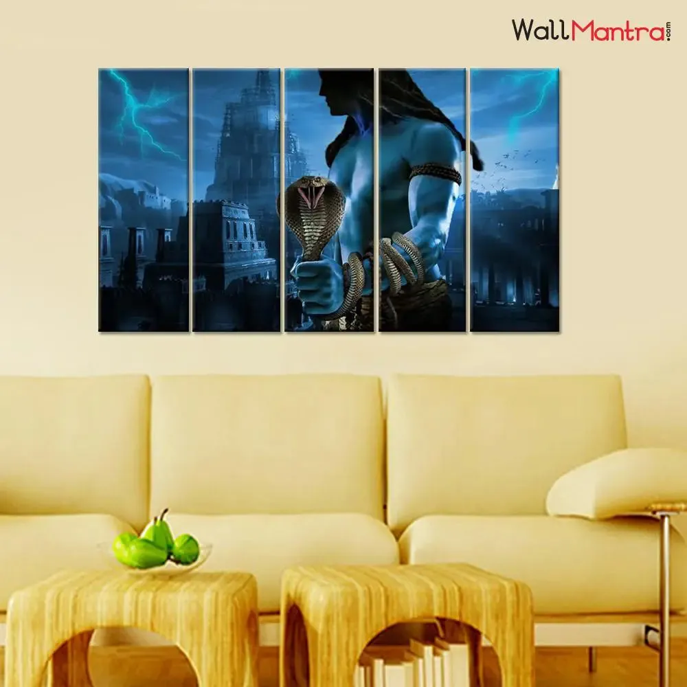 Lord Shiva Spiritual Wooded Frame 5 Pieces Wall Painting