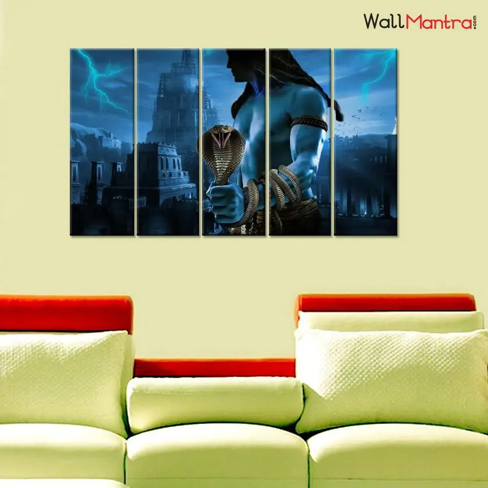 Lord Shiva Spiritual Wooded Frame 5 Pieces Wall Painting