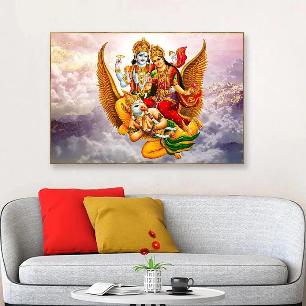 Lord Vishnu with Goddess Laxmi Canvas Wall Painting/ Floating Frame With Frame