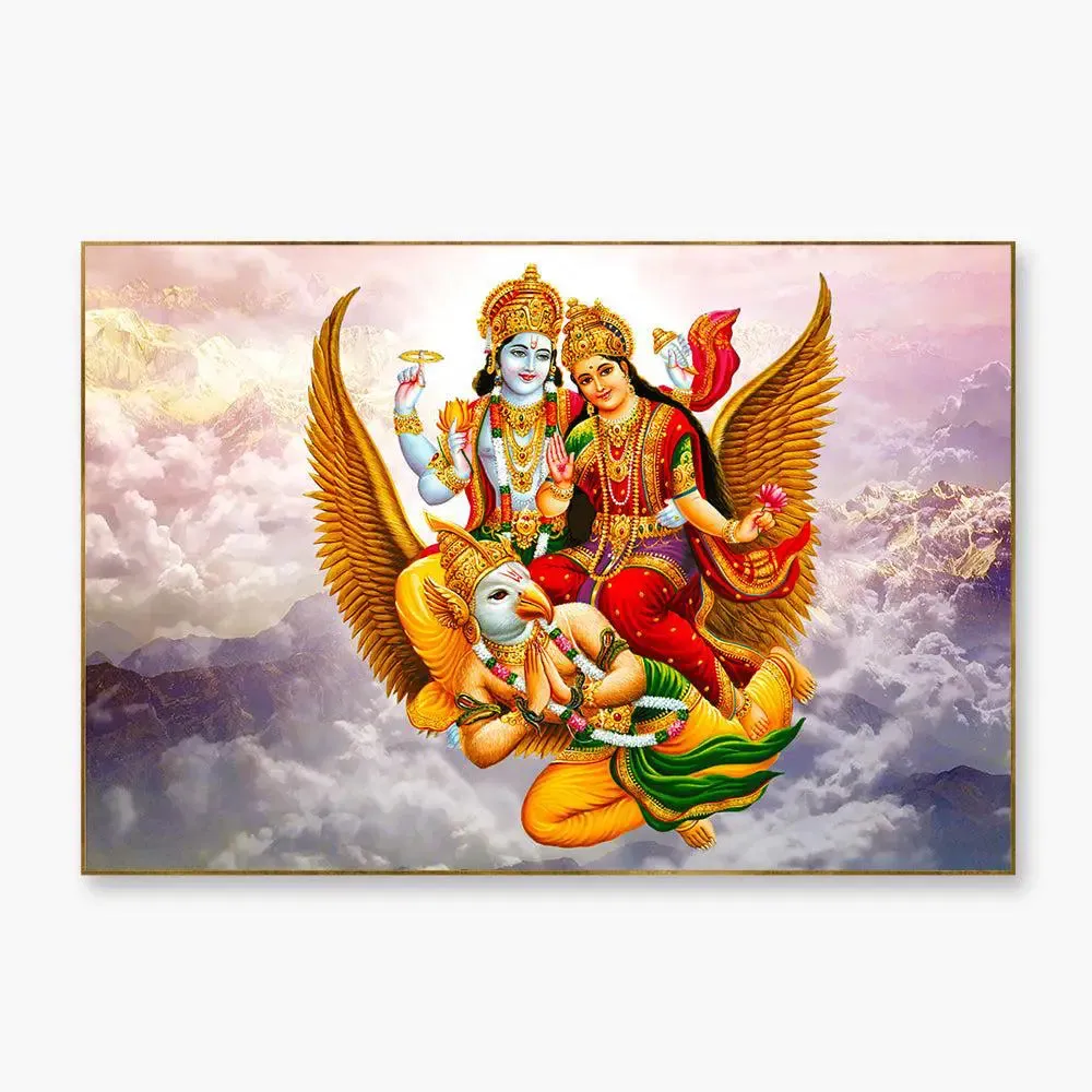 Lord Vishnu with Goddess Laxmi Canvas Wall Painting/ Floating Frame With Frame