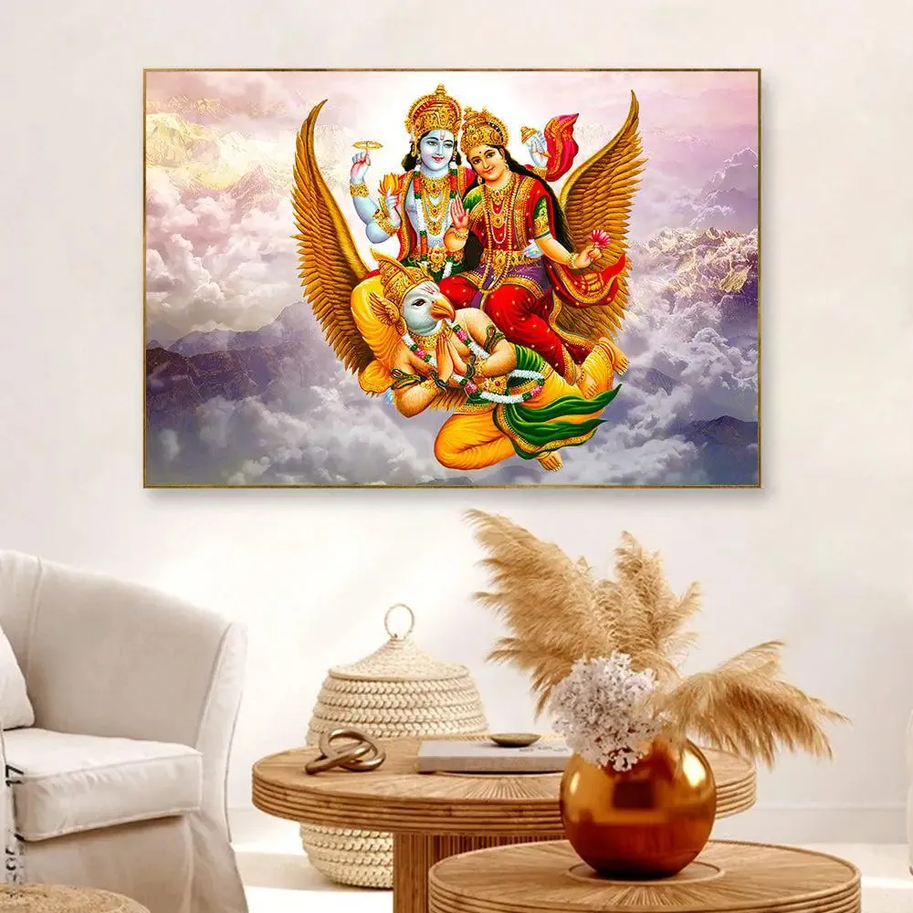 Lord Vishnu with Goddess Laxmi Canvas Wall Painting/ Floating Frame With Frame