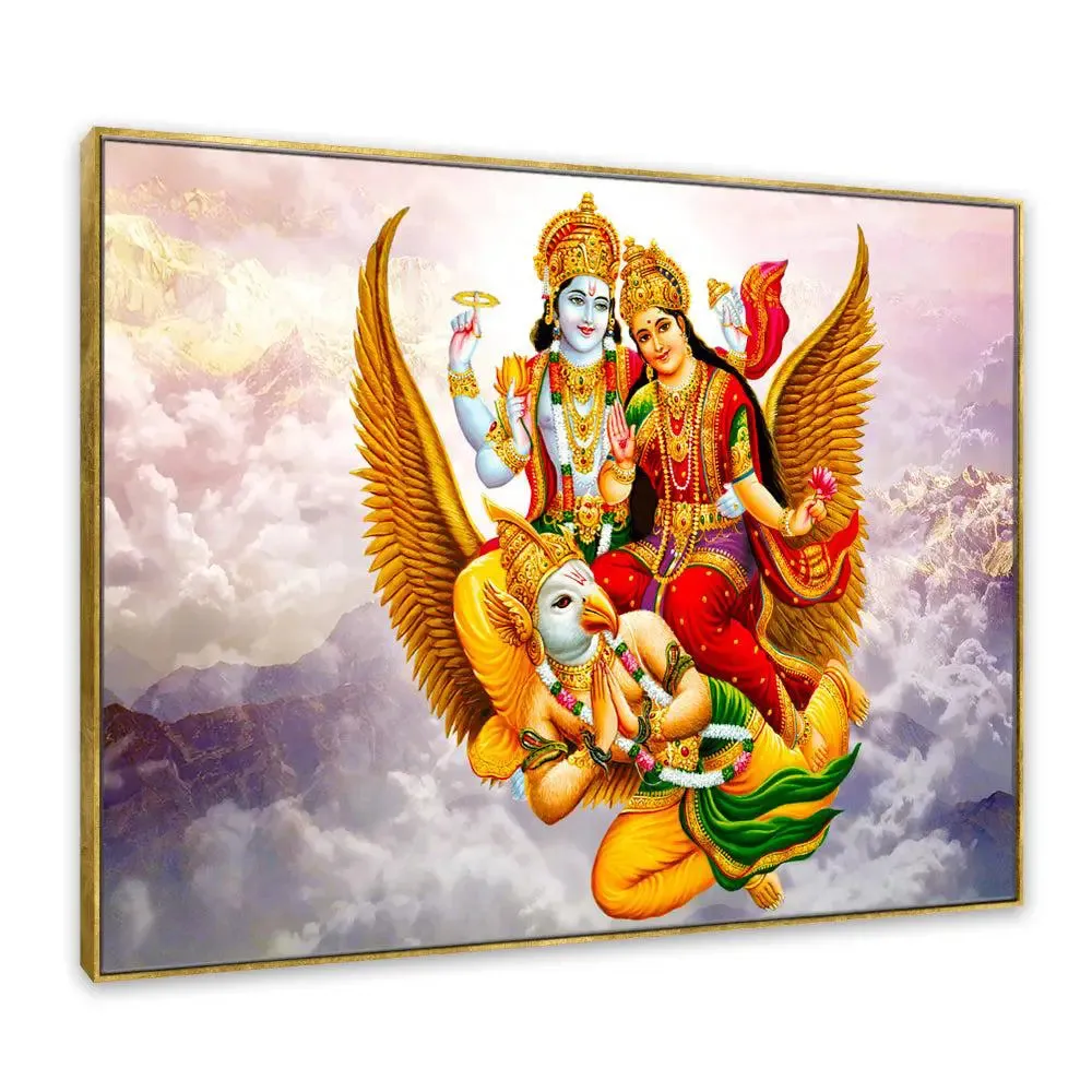 Lord Vishnu with Goddess Laxmi Canvas Wall Painting/ Floating Frame With Frame