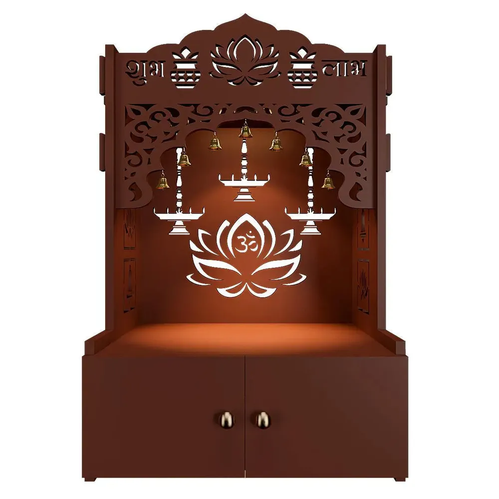 Lotus Brown Wooden Wall Temple for Home With Inbuilt focus Lights &amp; Spacious Shelf
