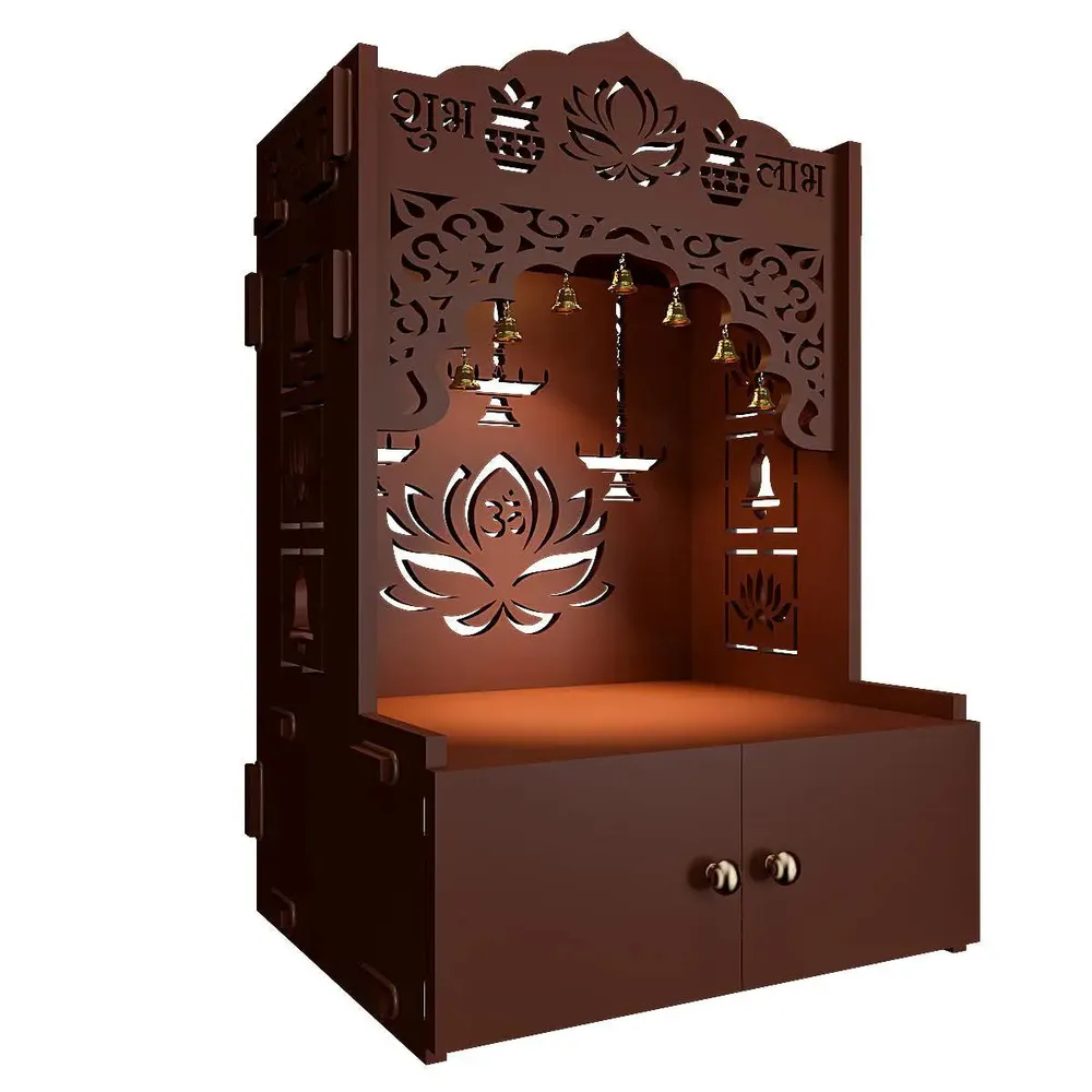 Lotus Brown Wooden Wall Temple for Home With Inbuilt focus Lights &amp; Spacious Shelf